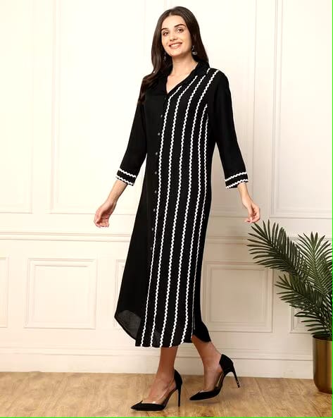 Black Striped A-Line Midi Dress