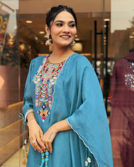 Blue Chanderi Embroidered Kurta Pant & Dupatta Set