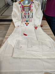 White Chanderi Embroidered Kurta Pant & Dupatta Set