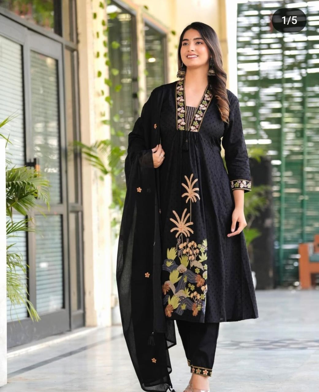 Black Embroidered Pure Cotton Dupatta Set