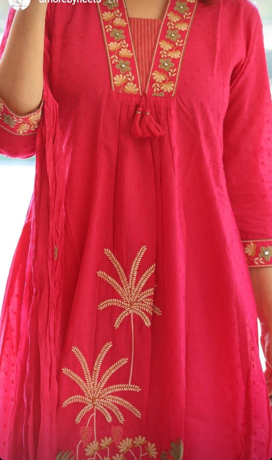 Pink Embroidered Pure Cotton Kurta Pant & Dupatta Set