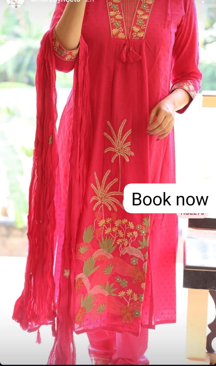 Pink Embroidered Pure Cotton Kurta Pant & Dupatta Set