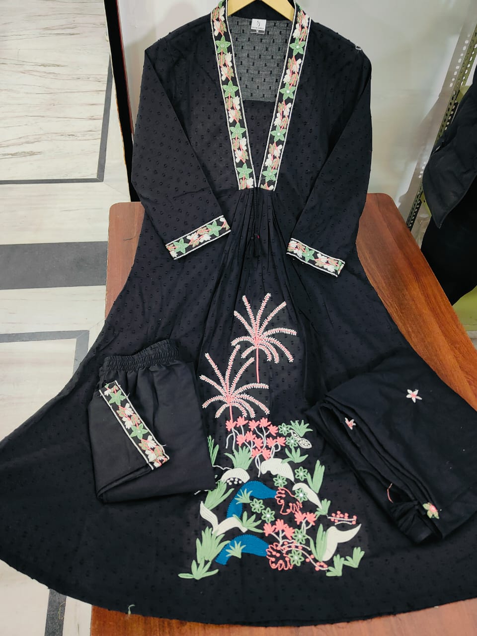 Black Embroidered Pure Cotton Dupatta Set