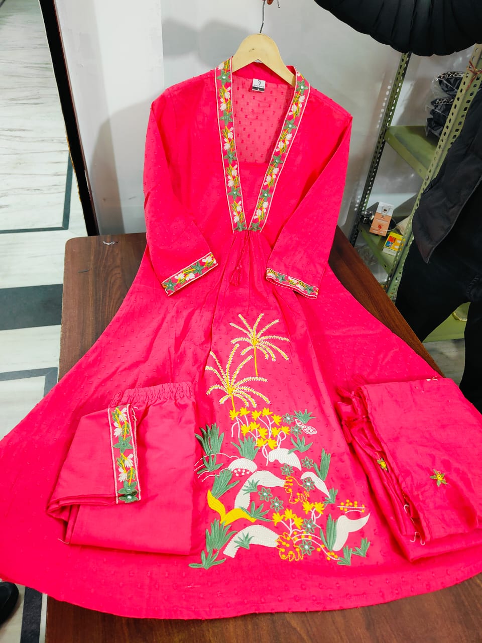 Pink Embroidered Pure Cotton Kurta Pant & Dupatta Set