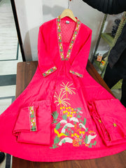 Pink Embroidered Pure Cotton Kurta Pant & Dupatta Set