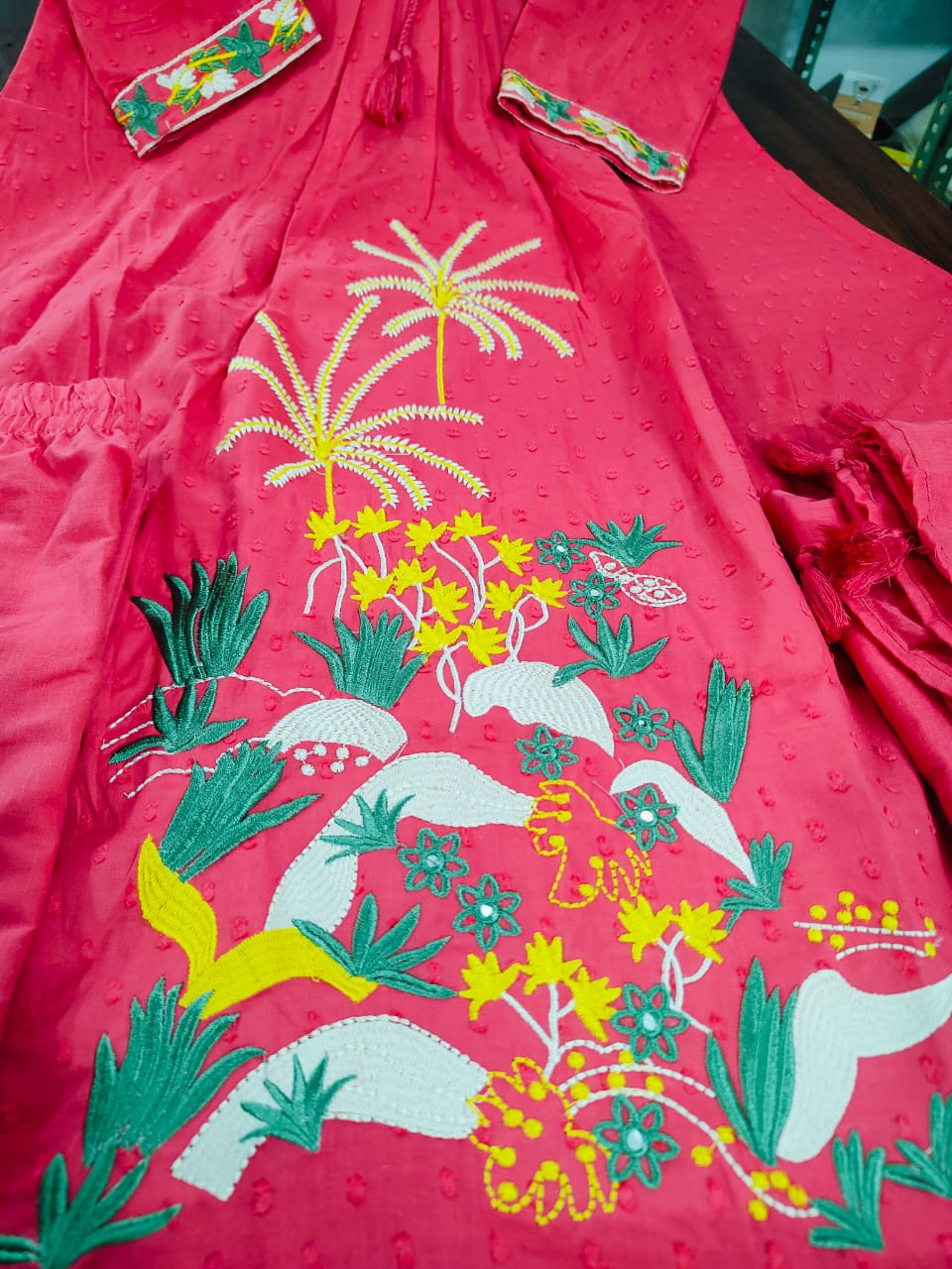 Pink Embroidered Pure Cotton Kurta Pant & Dupatta Set