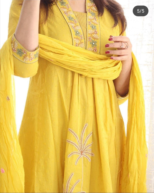 Yellow Cotton Embroidered Kurta Pant & Dupatta Set