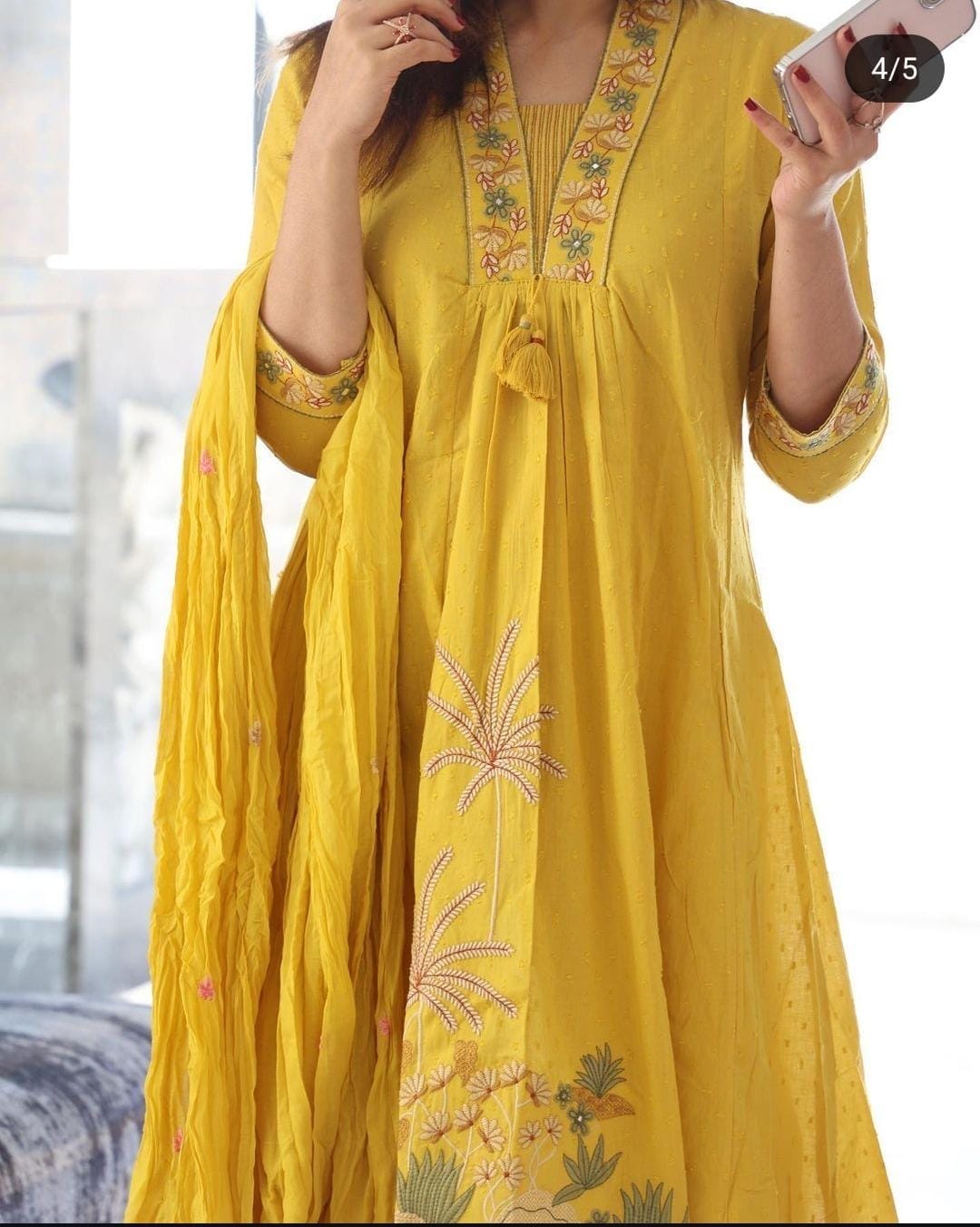 Yellow Cotton Embroidered Kurta Pant & Dupatta Set