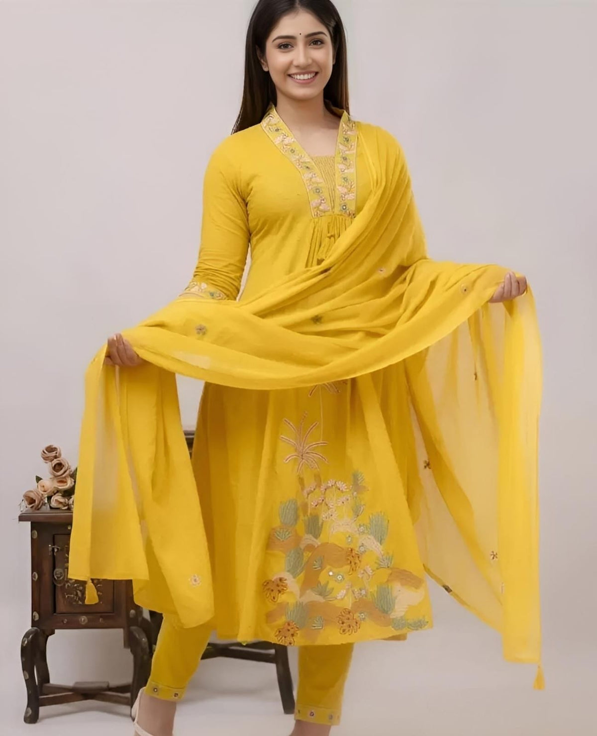 Yellow Cotton Embroidered Kurta Pant & Dupatta Set