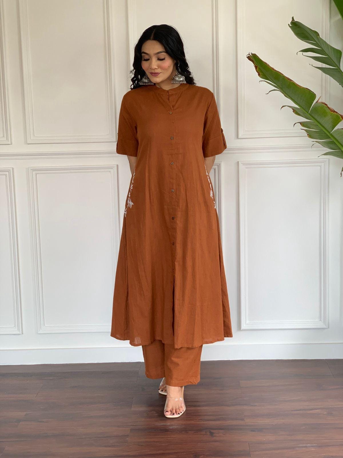 Rust Brown Cotton Slub Embroidered Co-ord Set – Premium Cotton Slub