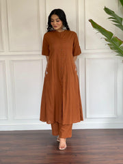 Rust Brown Cotton Slub Embroidered Co-ord Set – Premium Cotton Slub
