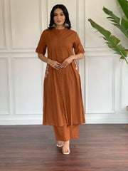 Rust Brown Cotton Slub Embroidered Co-ord Set – Premium Cotton Slub