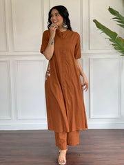 Rust Brown Cotton Slub Embroidered Co-ord Set – Premium Cotton Slub