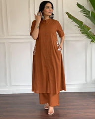 Rust Brown Cotton Slub Embroidered Co-ord Set – Premium Cotton Slub