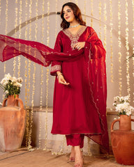Maroon Roman Silk Embroidered Kurti Pant Dupatta Set