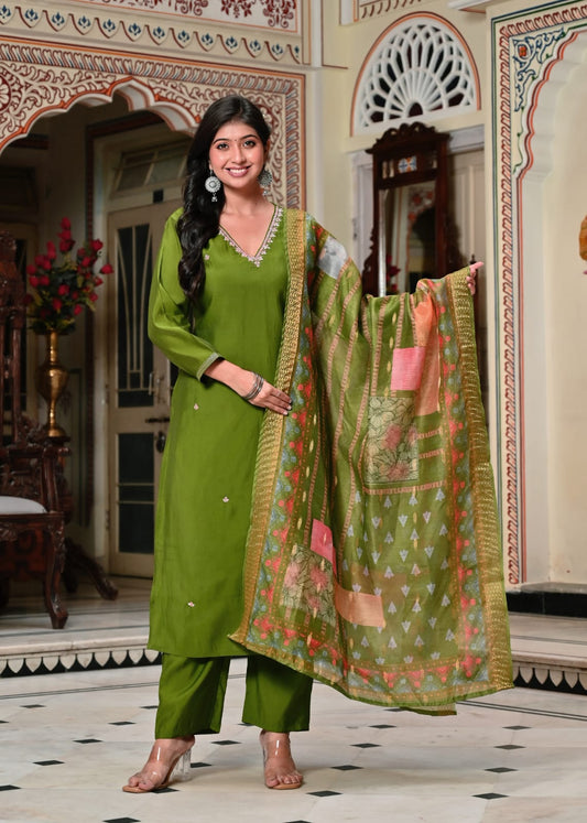 Olive Green Chandri Silk Kurti Pant Dupatta Set