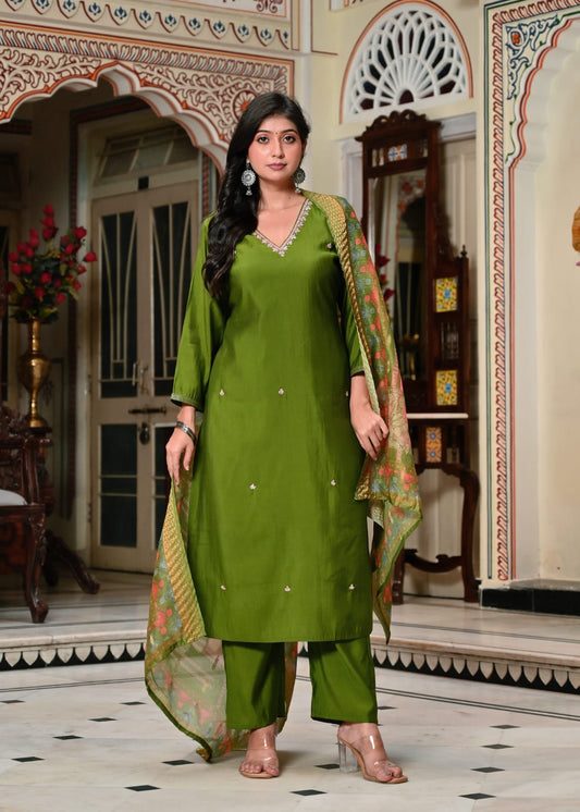 Olive Green Chandri Silk Kurti Pant Dupatta Set