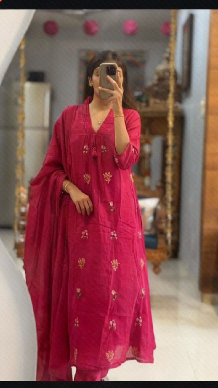 Rani Pink Cotton Anarkali Suit with Hand Embroidery