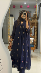 Dark blue Cotton Anarkali Suit with Hand Embroidery