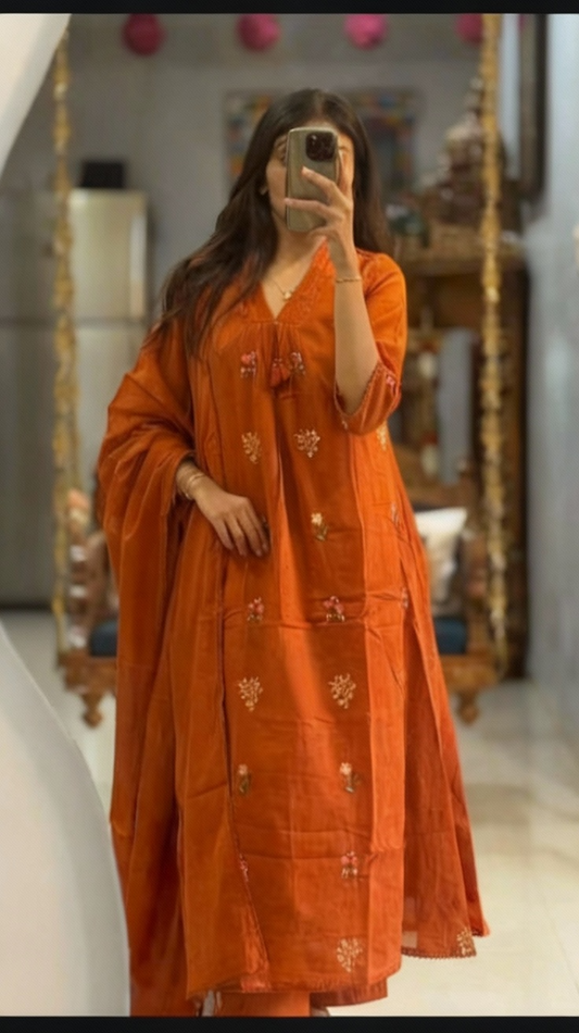 Orange Cotton Anarkali Suit with Hand Embroidery