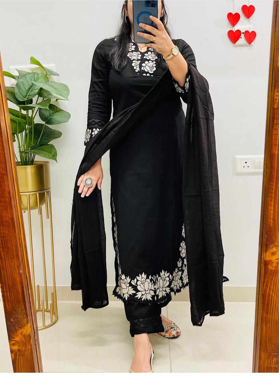 Beautiful Black Cotton Dupatta Set