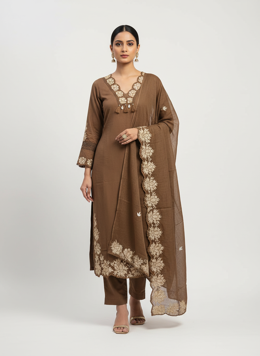Beautiful Cocoa Brown Cotton Dupatta Set