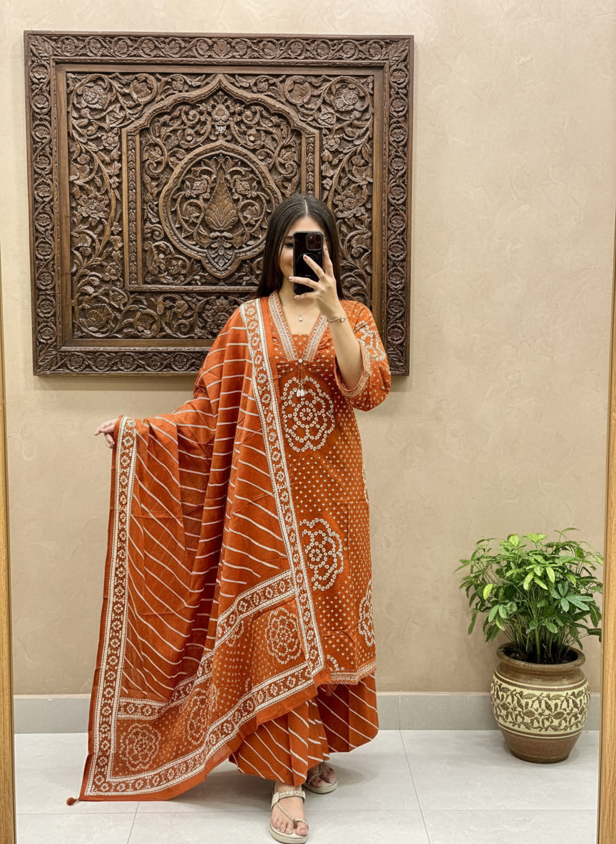 Rust Orange Bandhej Cotton Salwar Kameez with Leheriya Bottoms | Festive Cotton Suit Set with Embroidery