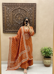 Rust Orange Bandhej Cotton Salwar Kameez with Leheriya Bottoms | Festive Cotton Suit Set with Embroidery