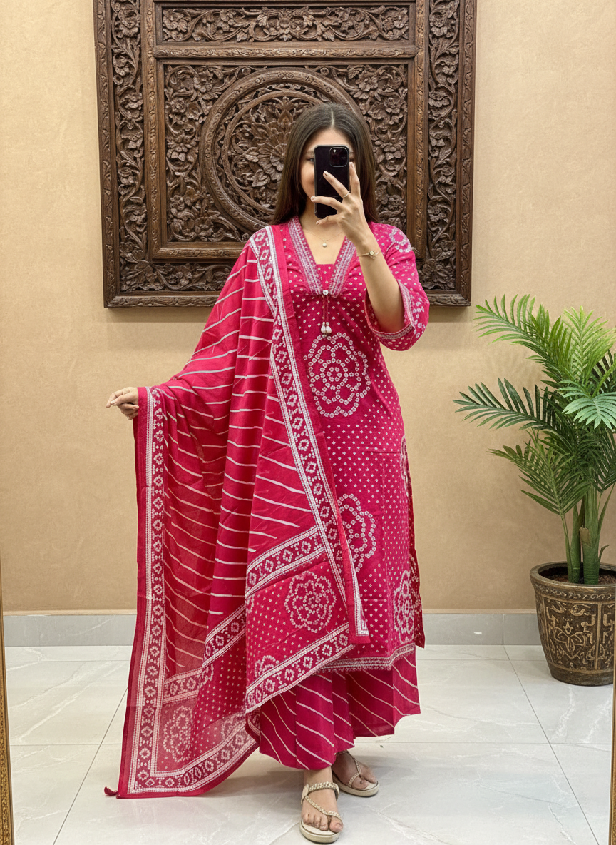 Rani Pink Bandhani Print Cotton Suit with Leheriya Pants | Hot Pink Embroidered Kurta Set for Women