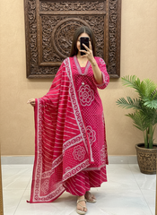 Rani Pink Bandhani Print Cotton Suit with Leheriya Pants | Hot Pink Embroidered Kurta Set for Women