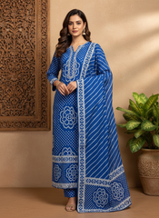 Indigo Blue Bandhani Print Pure Cotton Suit Set with Leheriya Pants | Embroidered Neck Jaipuri Kurta Set for Women