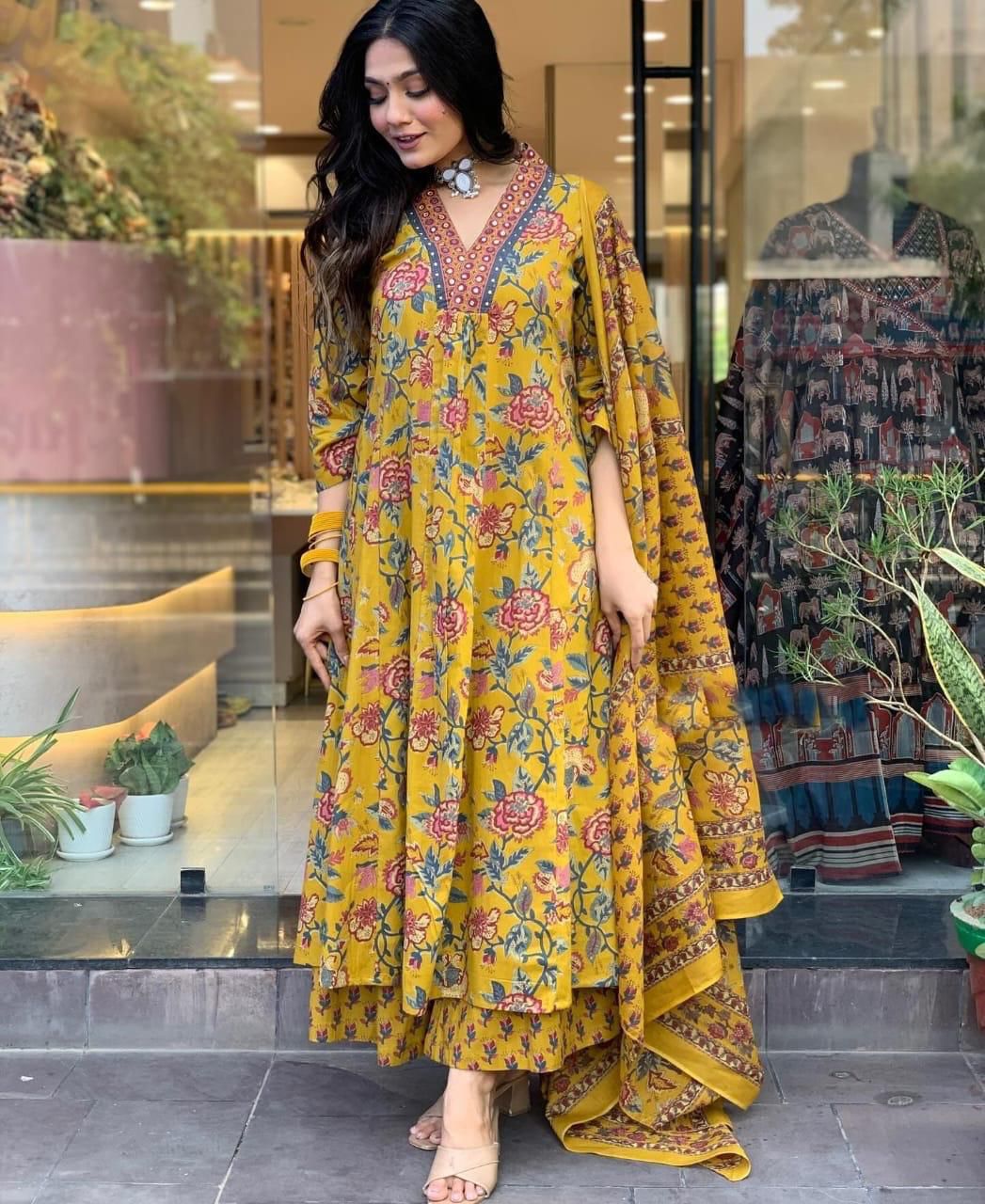 Mustard Yellow Alia Cut Cotton Suit with Floral Print | Festive Wear Straight Kurta Set with Sequence Work