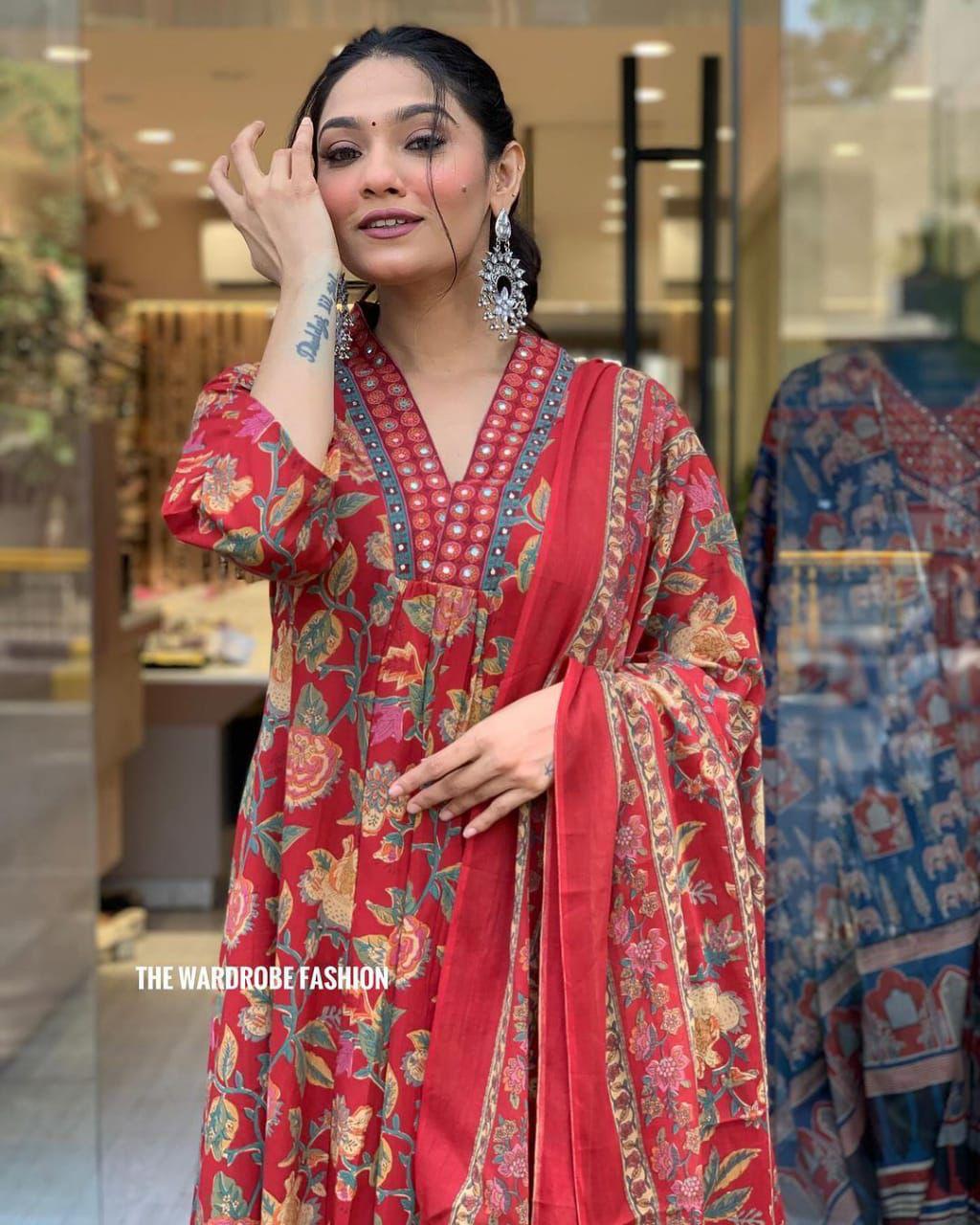 Red Floral Print Cotton Kurta Set with Alia Cut Neck | Sequence Embroidered Party Wear Suit for Women