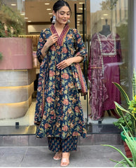 Navy Blue Alia Cut Cotton Suit Set with Sequence Adda Work | Floral Print Straight Kurta with Pant & Dupatta