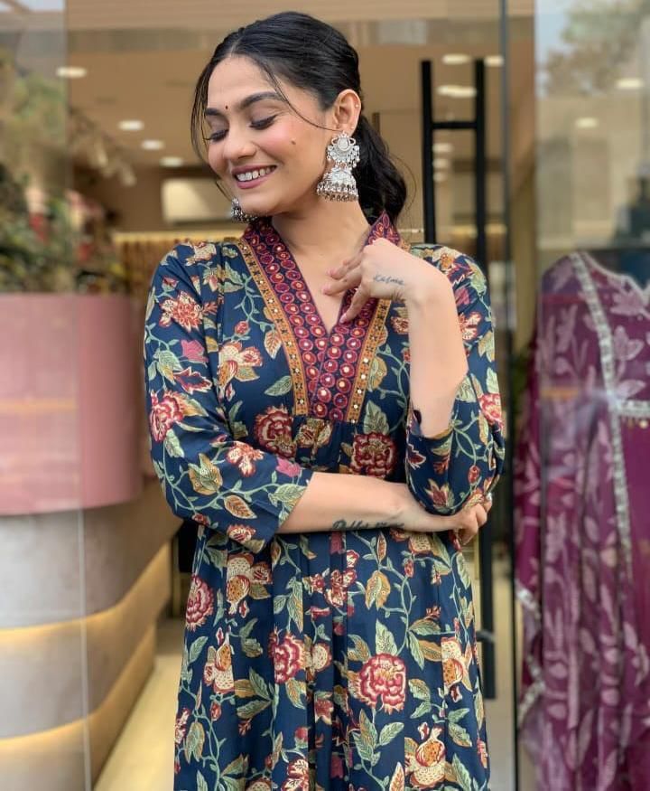 Navy Blue Alia Cut Cotton Suit Set with Sequence Adda Work | Floral Print Straight Kurta with Pant & Dupatta