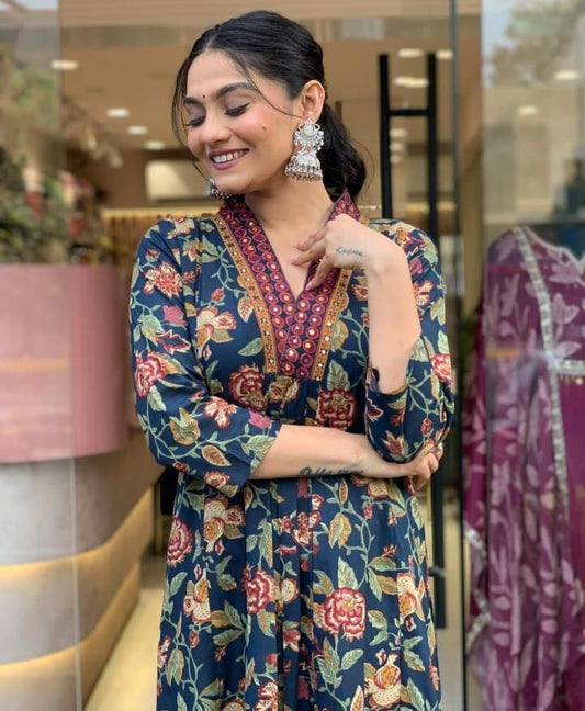 Navy Blue Alia Cut Cotton Suit Set with Sequence Adda Work | Floral Print Straight Kurta with Pant & Dupatta