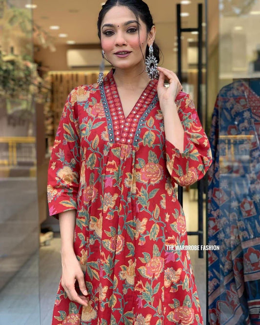 Red Floral Print Cotton Kurta Set with Alia Cut Neck | Sequence Embroidered Party Wear Suit for Women