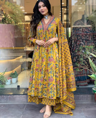Mustard Yellow Alia Cut Cotton Suit with Floral Print | Festive Wear Straight Kurta Set with Sequence Work