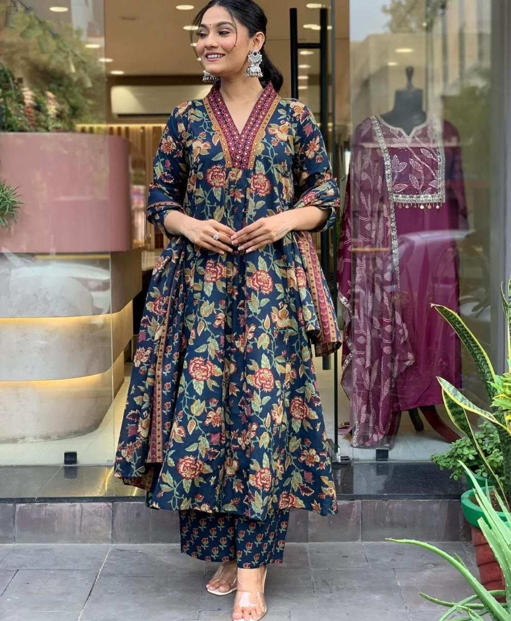 Navy Blue Alia Cut Cotton Suit Set with Sequence Adda Work | Floral Print Straight Kurta with Pant & Dupatta
