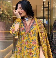 Mustard Yellow Alia Cut Cotton Suit with Floral Print | Festive Wear Straight Kurta Set with Sequence Work