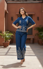 Royal Blue Cotton Flex Embroidered Co-ord Set Shirt & Plazzo