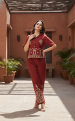 Maroon Cotton Flex Embroidered Co-ord Set Shirt & Plazzo