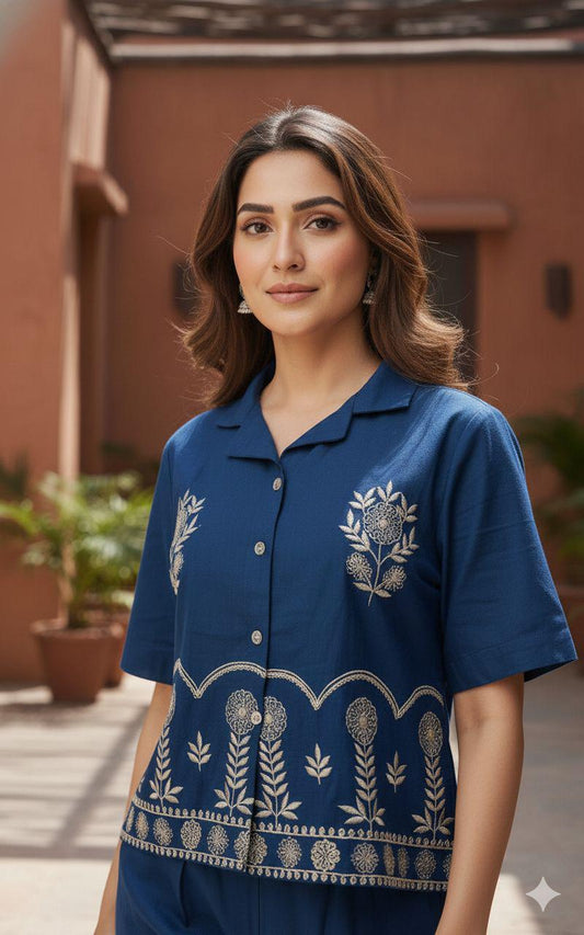 Royal Blue Cotton Flex Embroidered Co-ord Set Shirt & Plazzo