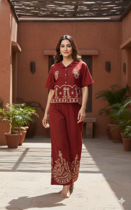 Maroon Cotton Flex Embroidered Co-ord Set Shirt & Plazzo