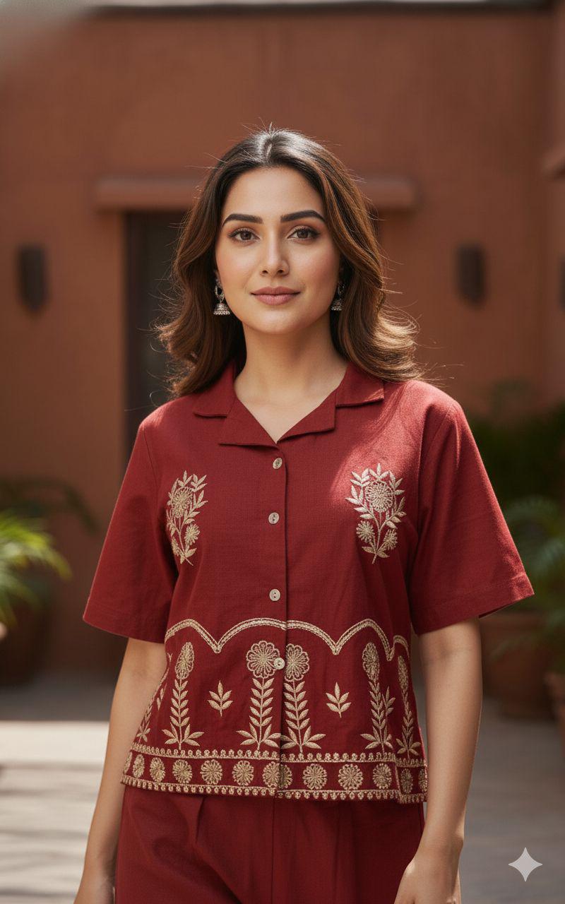 Maroon Cotton Flex Embroidered Co-ord Set Shirt & Plazzo