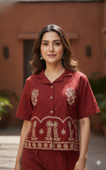Maroon Cotton Flex Embroidered Co-ord Set Shirt & Plazzo