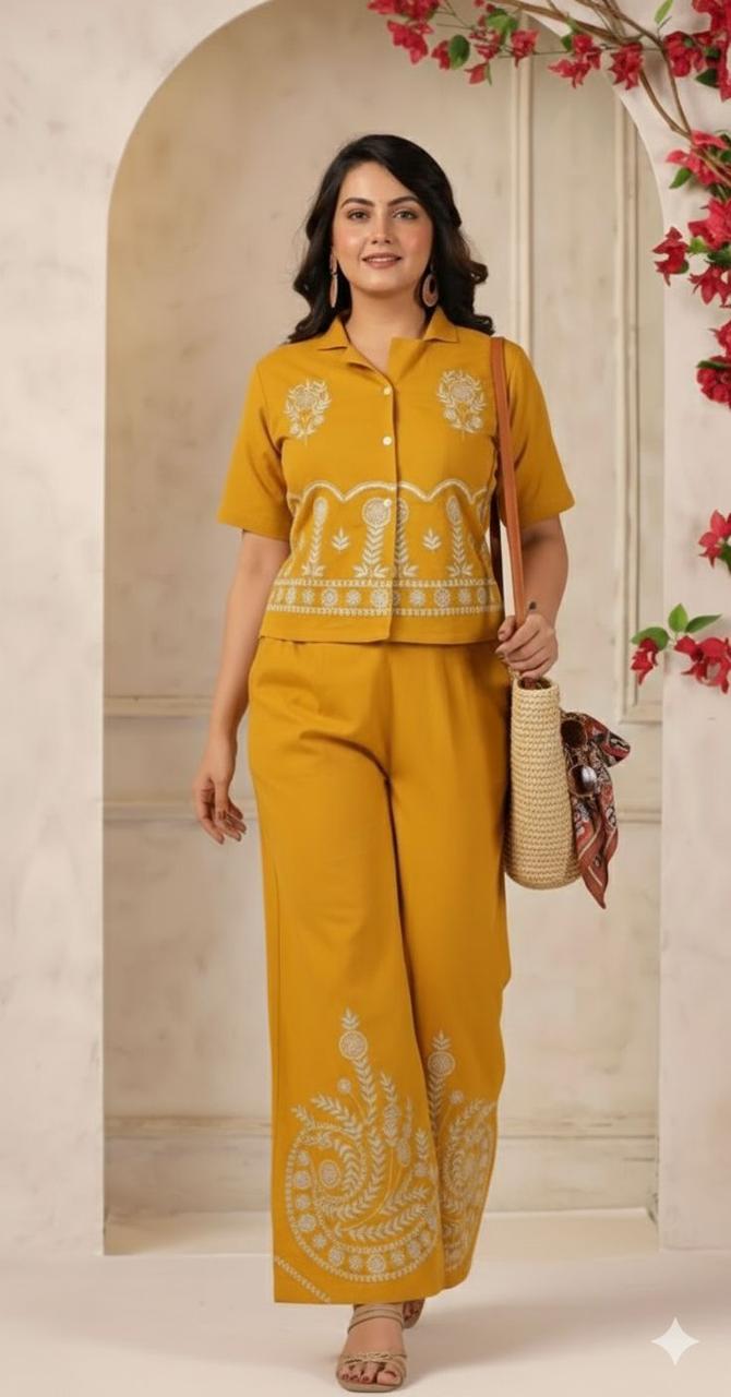 Yellow Cotton Flex Embroidered Co-ord Set Shirt & Plazzo