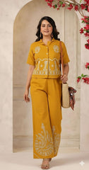 Yellow Cotton Flex Embroidered Co-ord Set Shirt & Plazzo