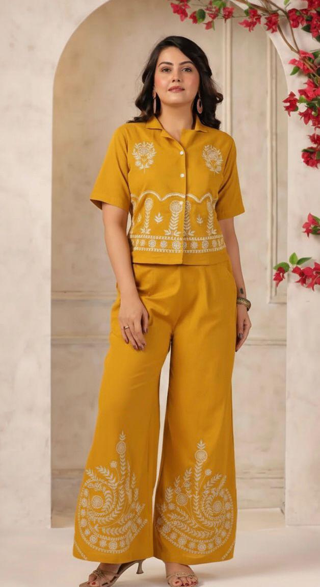 Yellow Cotton Flex Embroidered Co-ord Set Shirt & Plazzo
