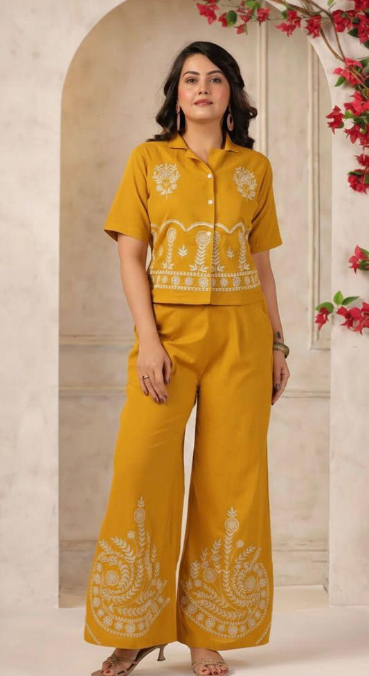 Yellow Cotton Flex Embroidered Co-ord Set Shirt & Plazzo